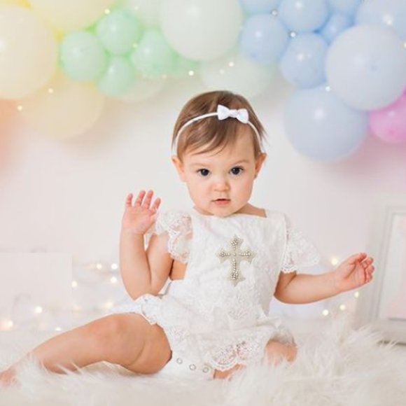 White Christening Dress cross Clothes Bodysuit lace romper baptism outfit